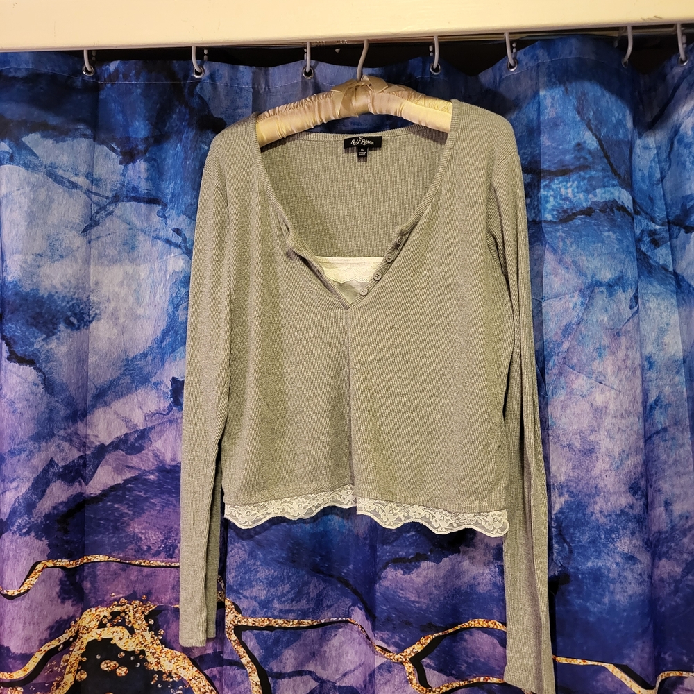 Charlotte Russe Heather Gray Lace Hem Blouse